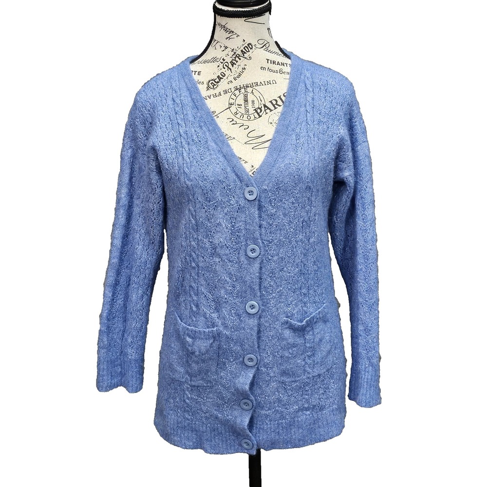Novica Cable‎ Knit Cardigan Womens L Blue Baby Alpaca Merino Wool Blend Heritage